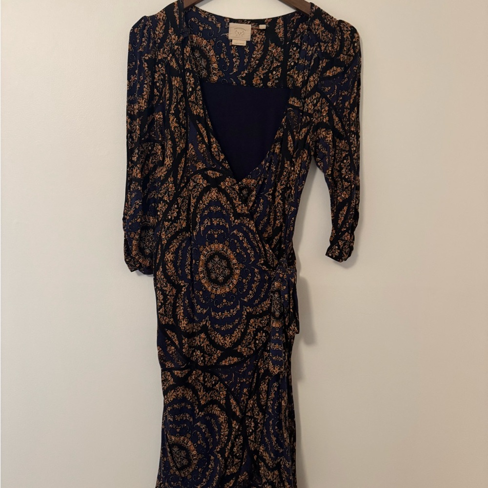 Anthropologie Blue and Brown Wrap Dress